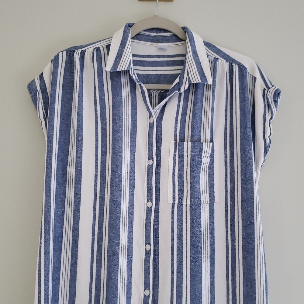 Old Navy Linen Blend Midi Shirtdress Medium Blue White Striped Coastal Beach - Picture 2 of 12